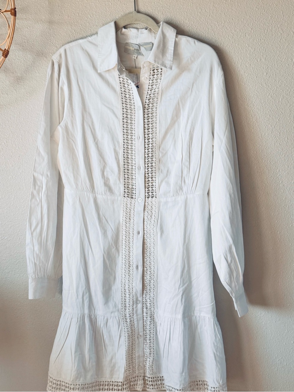 Guess White Cotton Lace-Panel Shirt Dress. NWOT